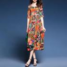 Elbow-sleeve Patterned Midi A-line Dress