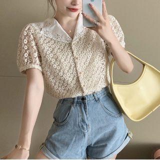 Eyelet Collar Short-sleeve Lace Blouse Almond - One Size