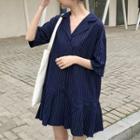 Pinstriped Elbow-sleeve Lapel Collar Shirtdress