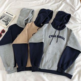 Mock Two-piece Color-block Lettering Print Fleece Long-sleeve Hoodie