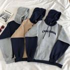 Mock Two-piece Color-block Lettering Print Fleece Long-sleeve Hoodie