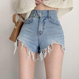High Waist Frayed Asymmetrical Hem Denim Shorts