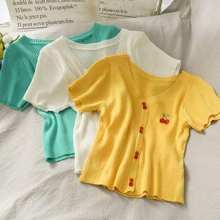 Cherry-embroidered Button-down Light Knit Top In 5 Colors