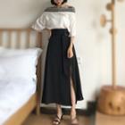 Elbow-sleeve Chiffon Top / Slit Midi A-line Skirt