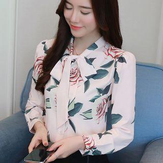 Flower Print Tie-neck Chiffon Blouse