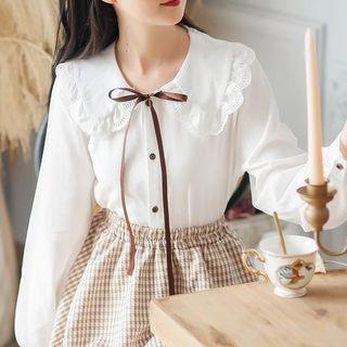 Lace Ruffled Blouse / Plaid A-line Skirt