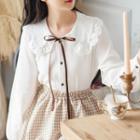 Lace Ruffled Blouse / Plaid A-line Skirt