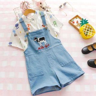 Cow Embroidered Denim Jumper Shorts Blue - One Size