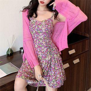 Floral Print Spaghetti-strap Mini A-line Dress / Open-front Cardigan