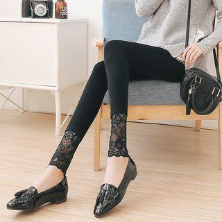 Lace Hem Fleece-lined Leggings Black - One Size