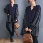 Mock Two-piece Long-sleeve Notch-neck Knit Panel Top