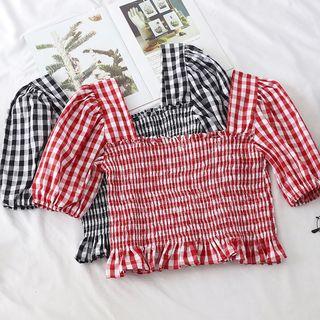 Checked Square-neck Short-sleeve Crop Top