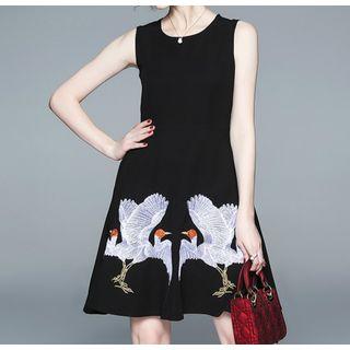 Sleeveless Crane Embroidered A-line Dress