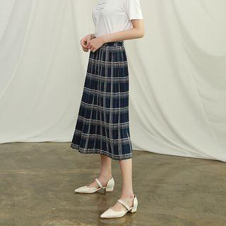 Accordion-pleat Midi Plaid Skirt Navy Blue - One Size