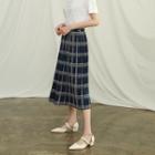 Accordion-pleat Midi Plaid Skirt Navy Blue - One Size