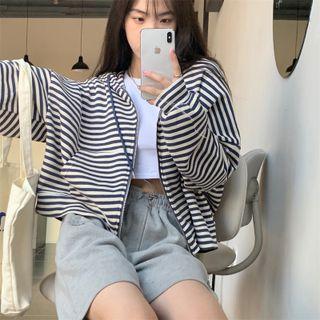 Long-sleeve Striped Zipper Hooded Jacket