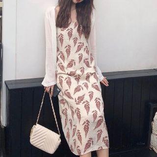 Leaf Print Sleeveless Dress / Cardigan