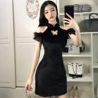 Cold-shoulder Velvet Mini Qipao Dress