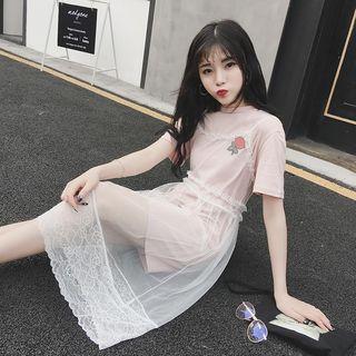 Set: Mesh Strappy Dress + Rose Embroidered Short-sleeve T-shirt Dress