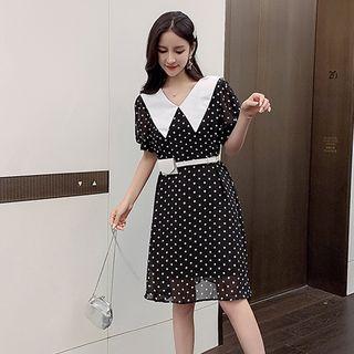 Elbow-sleeve Belted Polka Dot A-line Mini Chiffon Dress