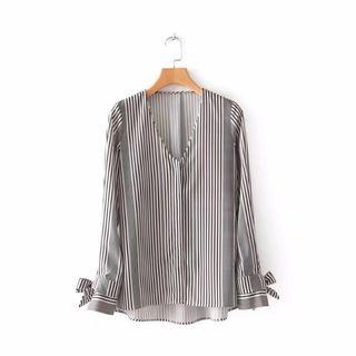 Long-sleeved V Neck Striped Blouse