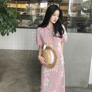 Floral Print Elbow Sleeve Knit Polo Shirt Dress