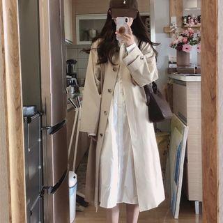 Puffy-sleeve Midi A-line Shirtdress / Long Button Coat