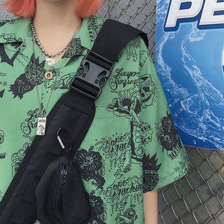Printed Elbow-sleeve Shirt Green - One Size