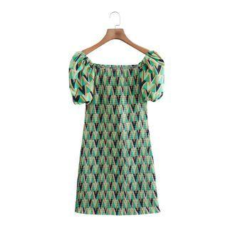 Puff-sleeve Geometric Print A-line Dress