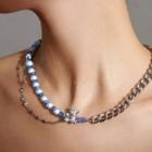 Rhinestone Bear Choker Necklace - Blue & Silver - One Size