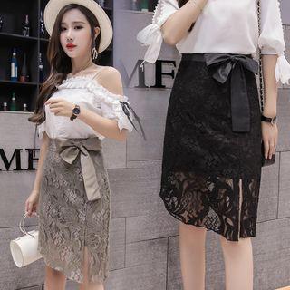 Ribbon Lace Overlay Pencil Skirt