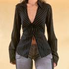 Long-sleeve V-neck Lace-trim Striped Button-up Shirt