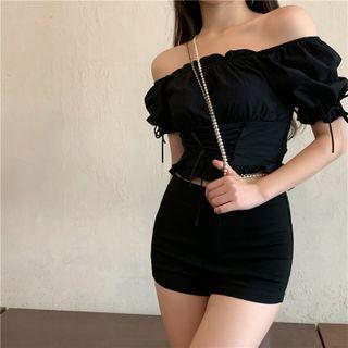 Off-shoulder Tie-strap Cropped Blouse / Hot Pants