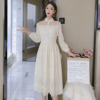 Long-sleeve Sheer Panel Lace A-line Midi Dress
