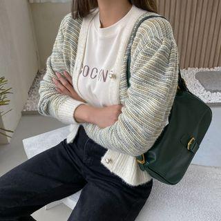 Puff-sleeve Faux-pearl Cardigan Light Khaki - One Size