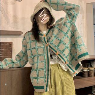 Plaid Round Neck Cardigan Green & Gray - One Size