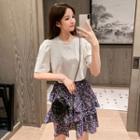 Set: Short-sleeve T-shirt + Floral Print Layered Mini A-line Skirt