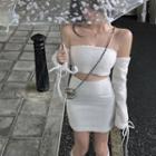 Set: Fluffy Tube Top + Mini Pencil Skirt + Arm Sleeves