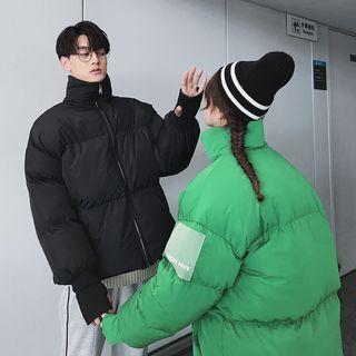 Couple Matching Stand Collar Applique Zip Padded Jacket