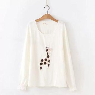 Round-neck Print Long-sleeve T Shirt White - One Size