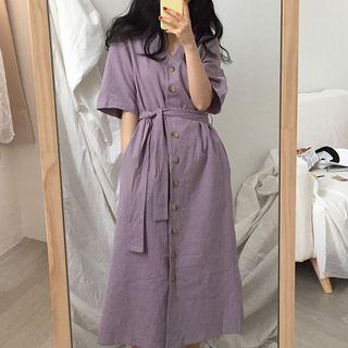 Elbow-sleeve Midi Shirtdress Purple - One Size