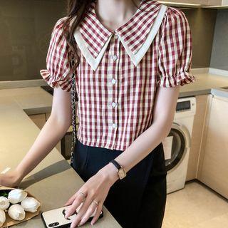 Short-sleeve Peter Pan Collar Plaid Blouse