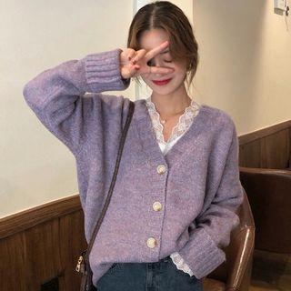Melange Cardigan / V-neck Lace Top