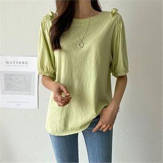 Puff-sleeve Smocked-trim T-shirt
