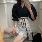 Puff-sleeve Top / Floral Mini Skirt