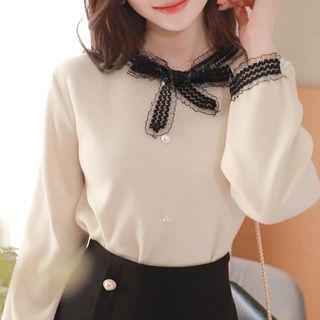 Lace-tie Faux-pearl Detail Knit Top