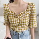 Square-neck Checked Short-sleeve Top
