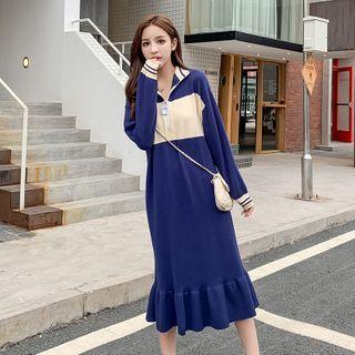 Two-tone Half-zip Ruffle Hem Knit Midi Dress