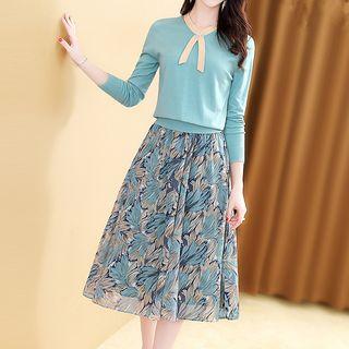 Set: Contrast Trim Sweater + Printed A-line Skirt