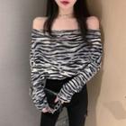 Zebra Print Off-shoulder Long-sleeve T-shirt
